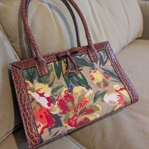 Liz Claiborne Small Floral Barkcloth and Brown Faux Leather Bag